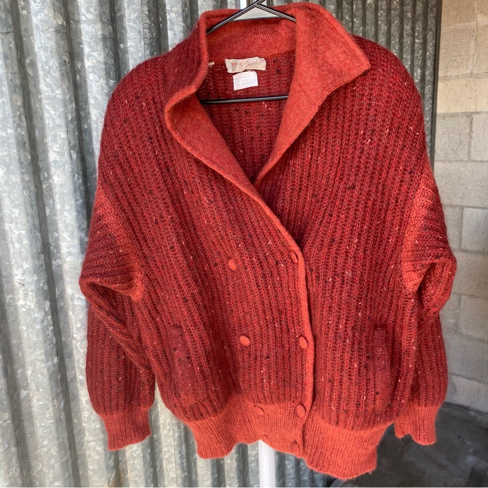 Vintage Gucci 1970s Rare Rust Red Mohair Blend Double Breasted Cardigan Size 40